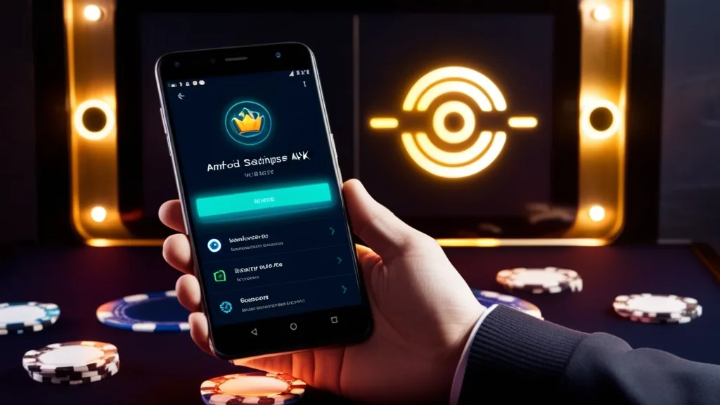 Smartfon z Androidem podczas instalacji pliku APK w ciemnej kasynowej scenerii