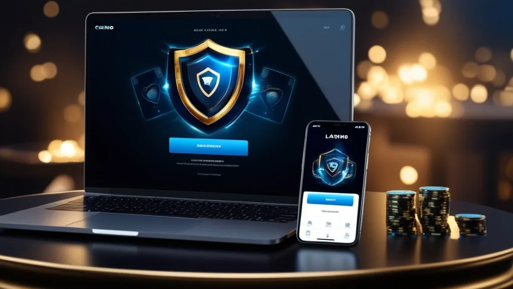 Telefon i laptop z formularzem logowania w ciemnym kasynowym otoczeniu